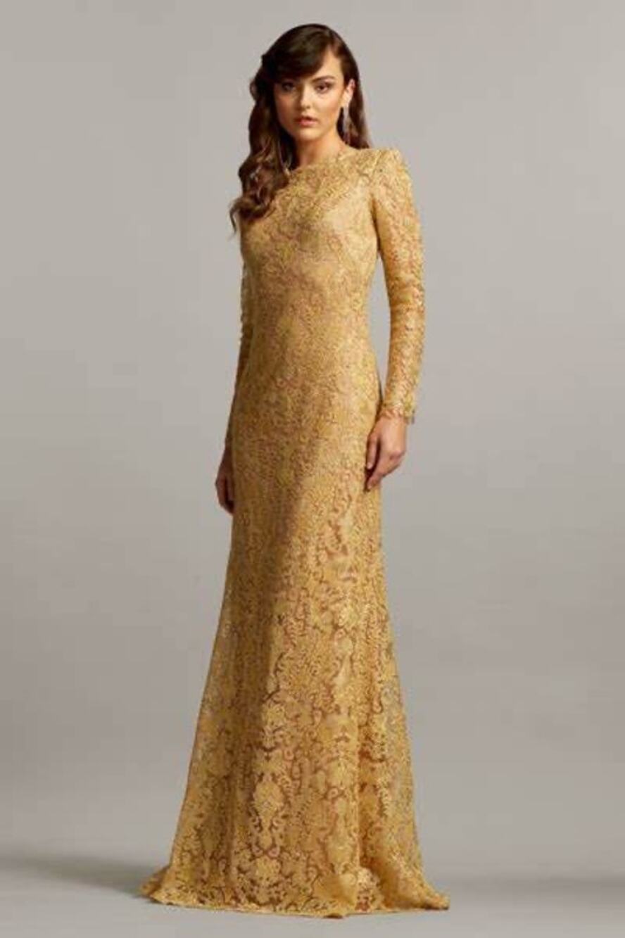 Tadashi Shoji Gold Lace Long Sleeve Open Back Full Length Sheath Formal Gown 8